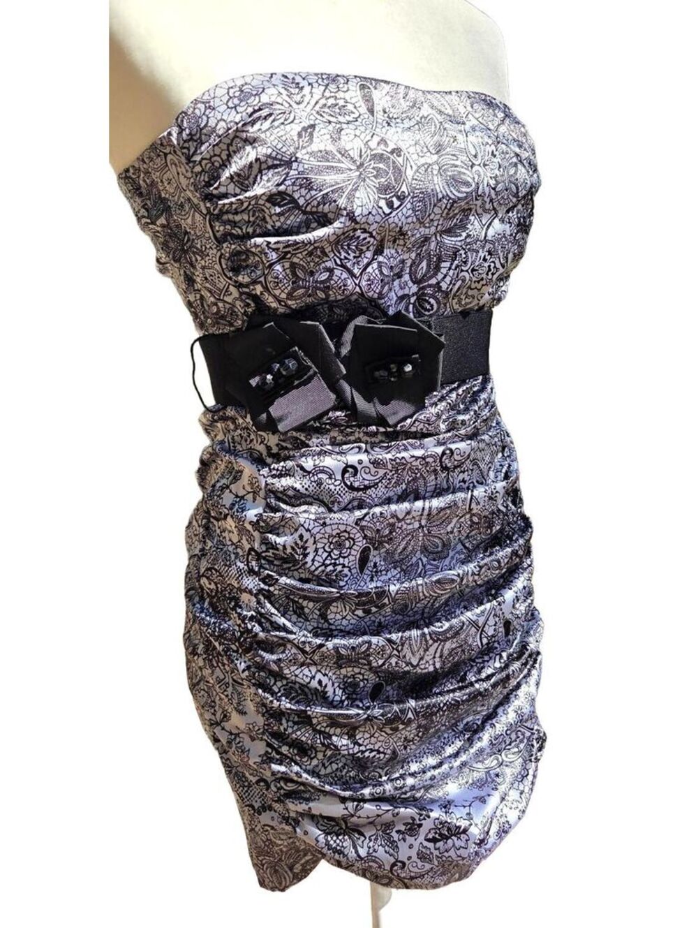 Vintage 2000s Gothic Victorian Damask Print Bodycon Dress w/ Rosette Waist Belt